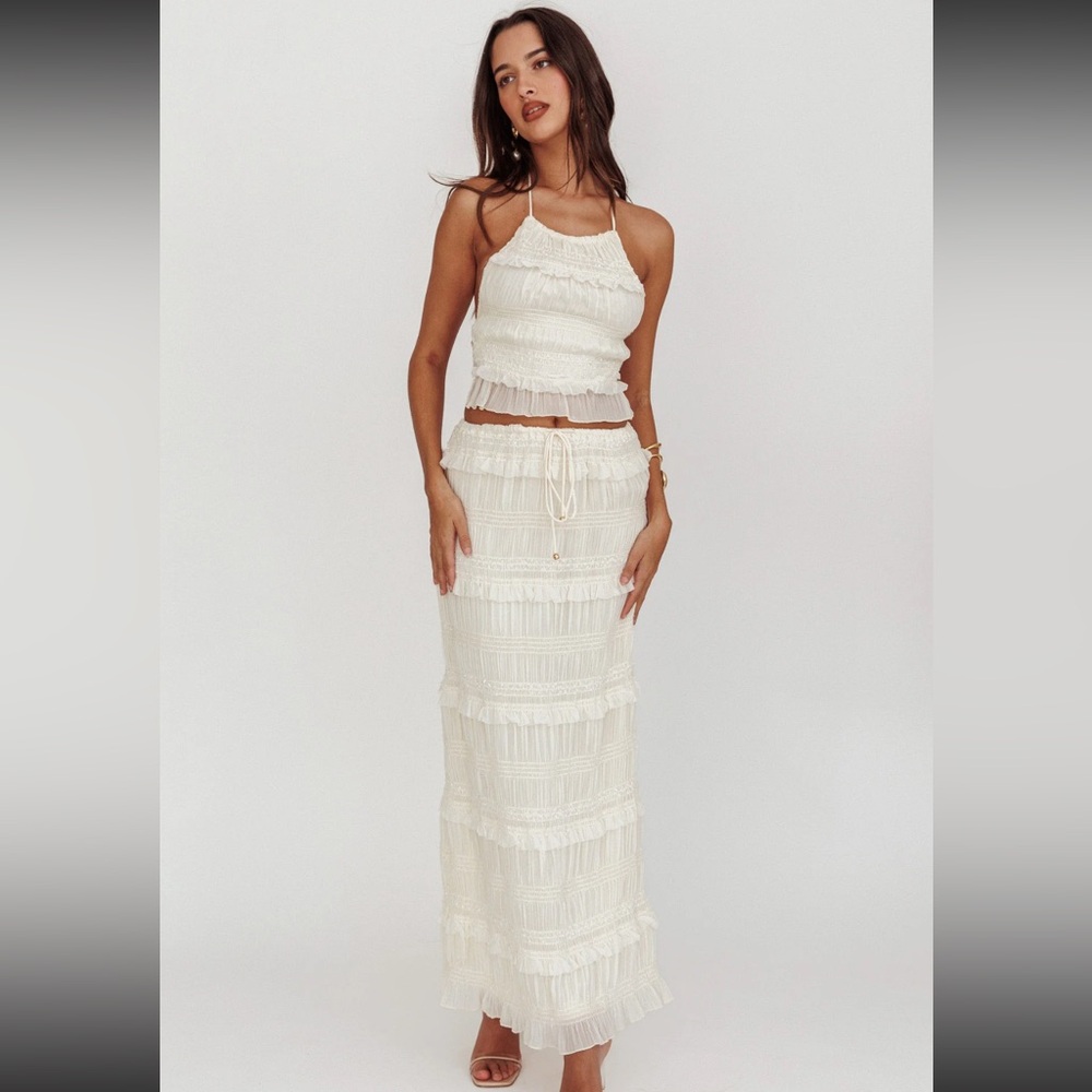Helios Halterneck Shirred Sequin Top Beige